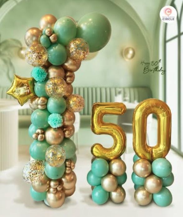 Milestone Columns — ต้นลูกโป่งตัวเลข 50 โทนเขียวเซจ–ทอง